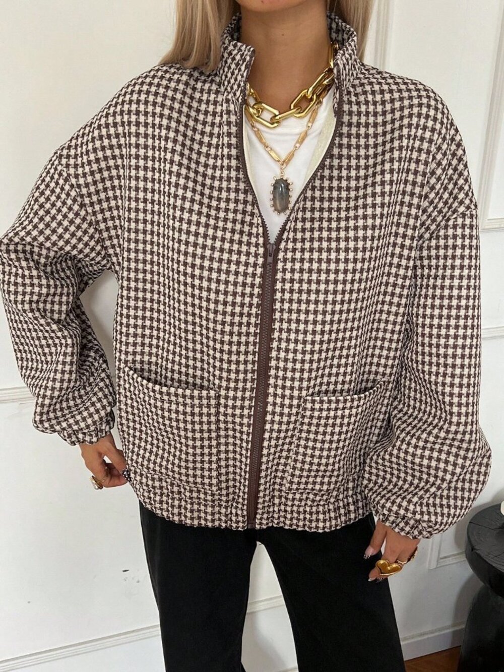 Brown Casual Women's Loose Fit Jacket with Geometric Pattern - Picture 5 of 8